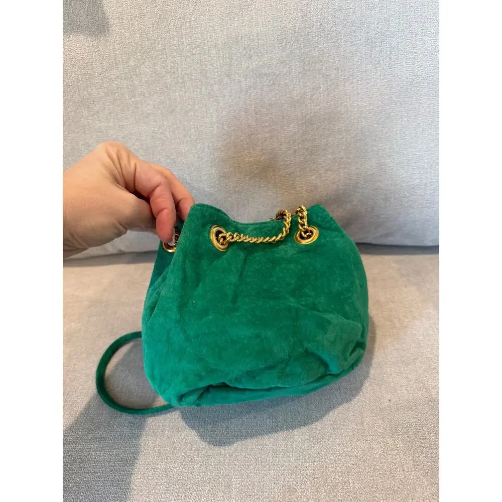 Nine West Crossbody Bag‎ Women Green Suede Drawstring Chain Strap Gold Hardware